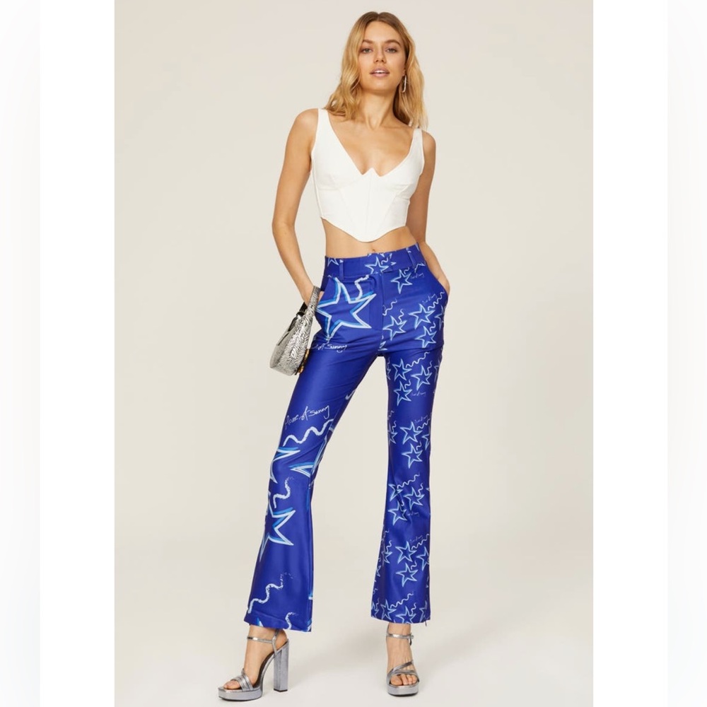 House Of Sunny Infinity Party Satin Pants Klein Blue Women's Size US 10 stars - Picture 2 of 16